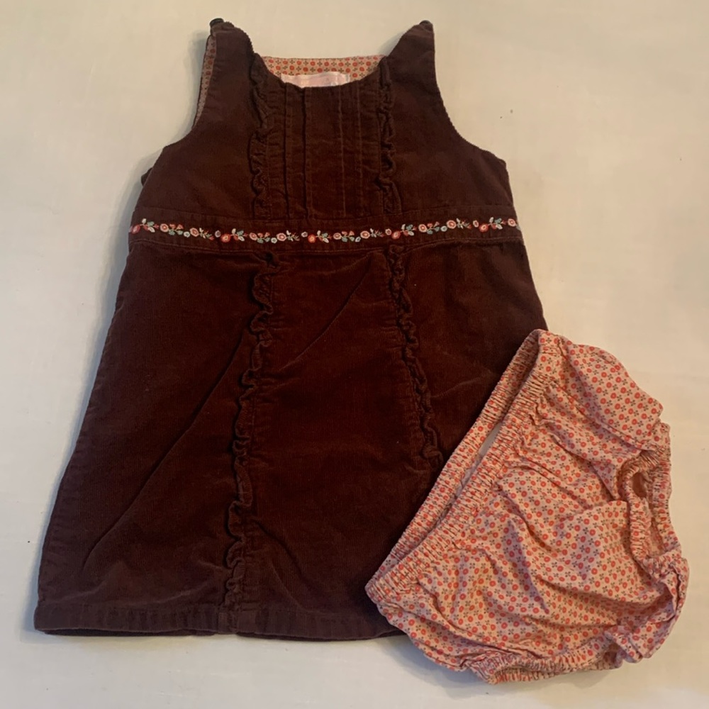 Adorable Janie & Jack Brown Corduroy Dress & Bloomers. Size 6-12 months.